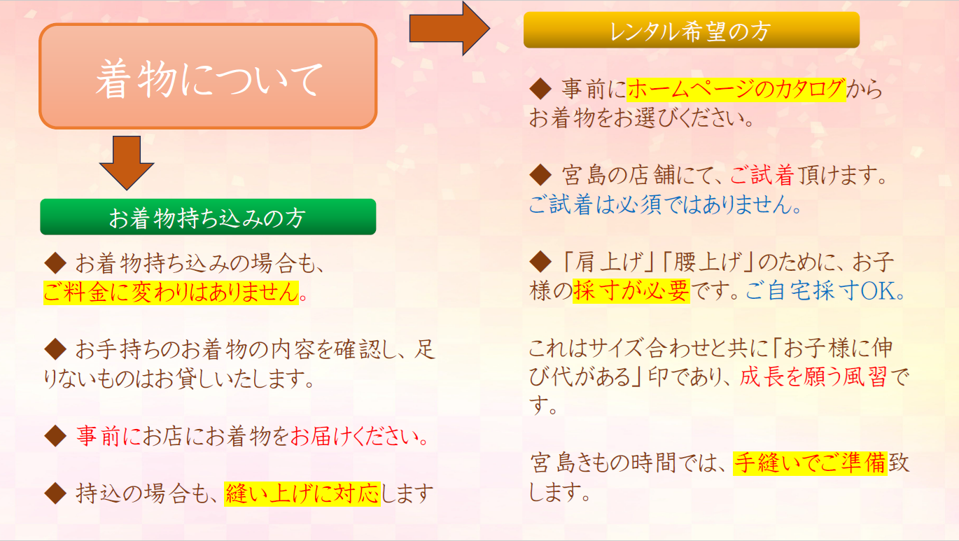 お着物持ち込みの場合と、レンタルの場合